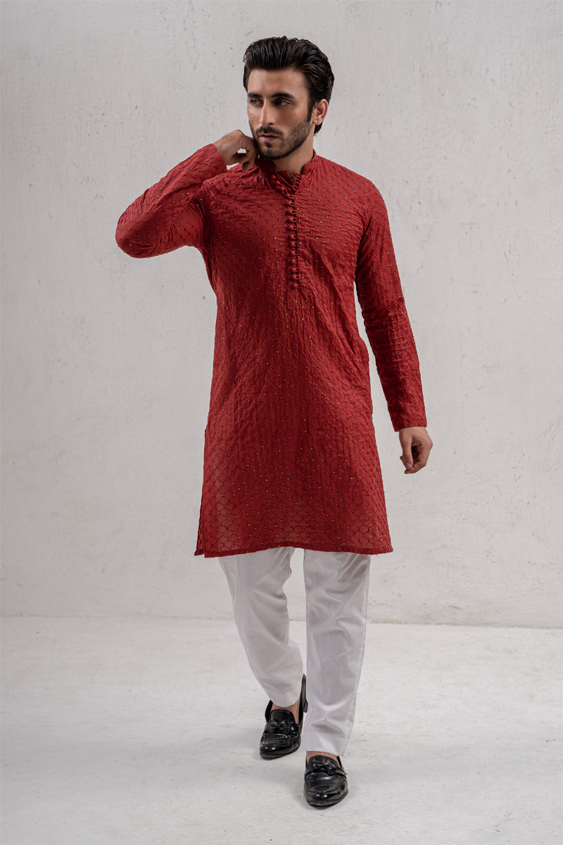 Red Embellished Kurta