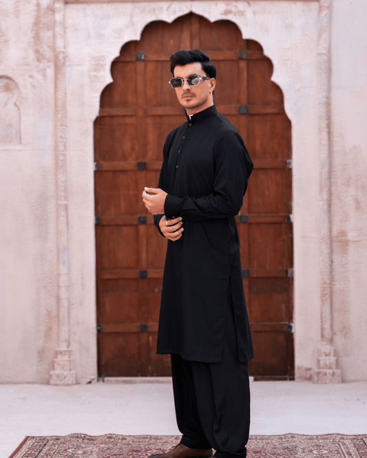 Black Studded Wash & Wear Suit – Metallic L-Corner Detail (Stitched)