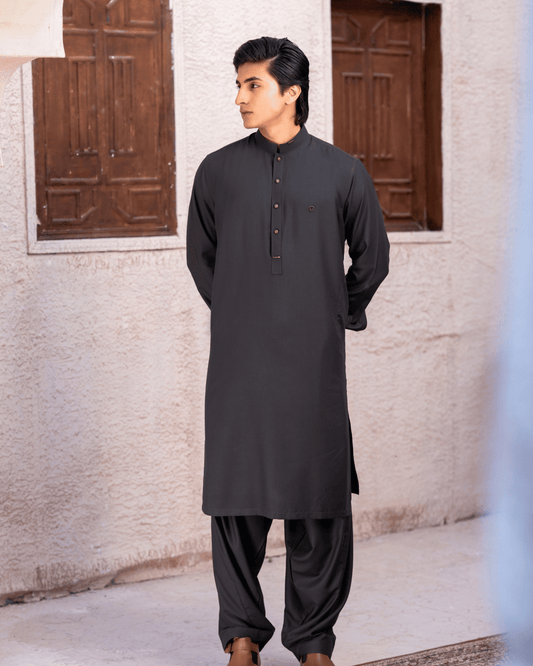 Olive Green Studded Wash & Wear Suit – Metal Button & Stud Detailing (Stitched)