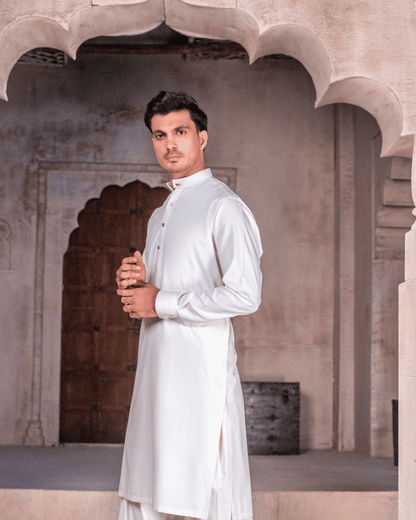 Cream Striped Wash & Wear Suit – Metallic Buckle & Button Detail (Stitched)