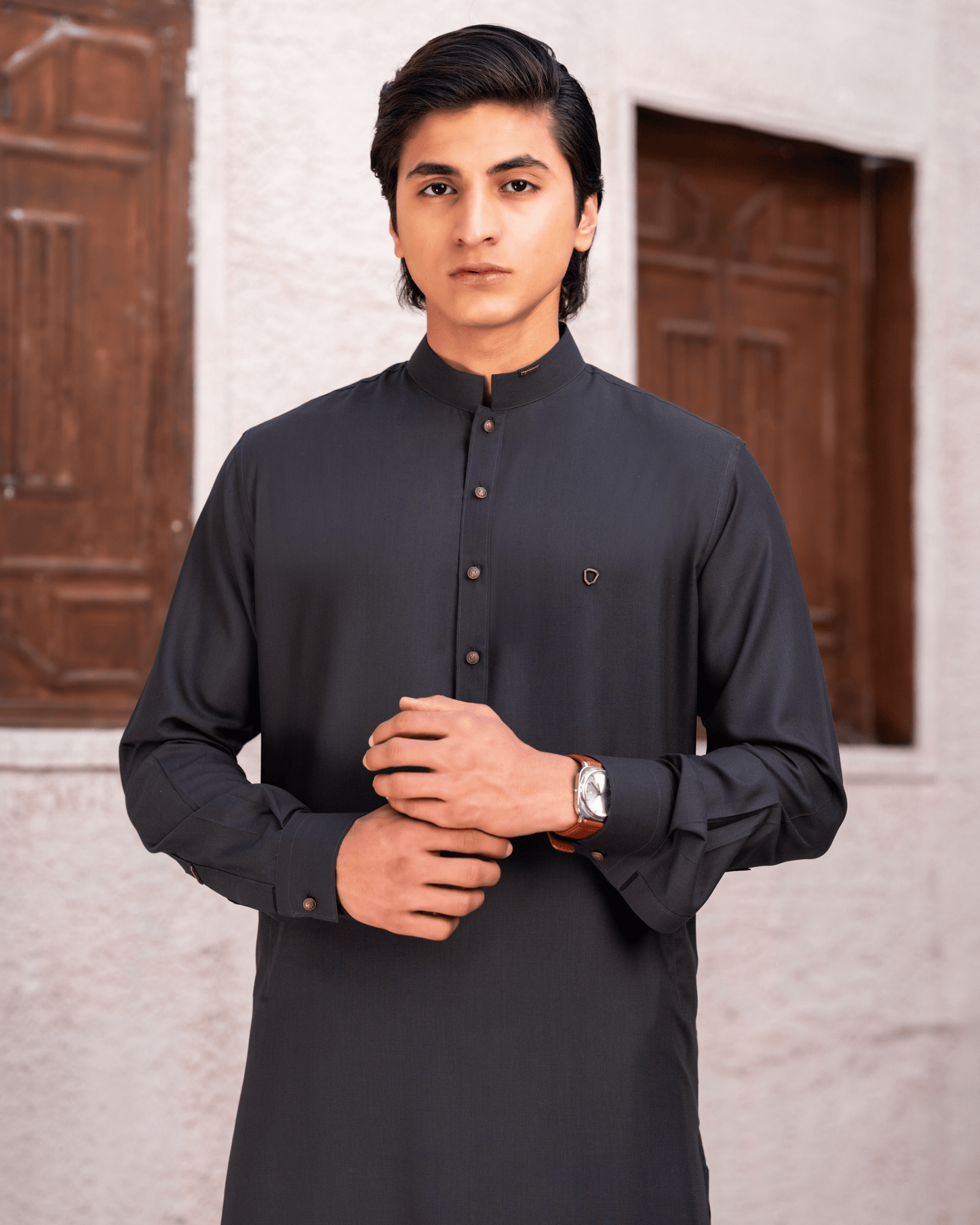 Olive Green Studded Wash & Wear Suit – Metal Button & Stud Detailing (Stitched)