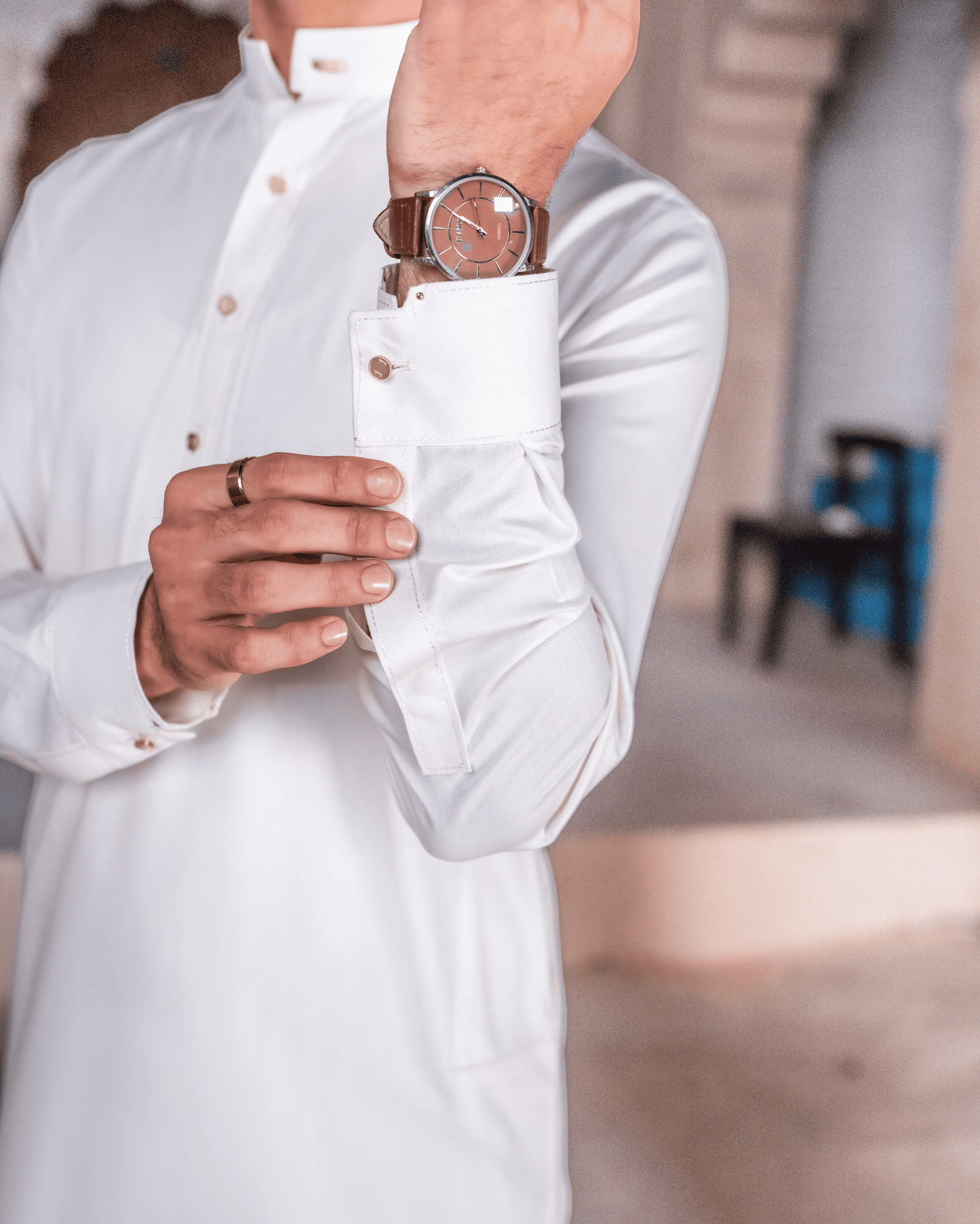 Cream Striped Wash & Wear Suit – Metallic Buckle & Button Detail (Stitched)