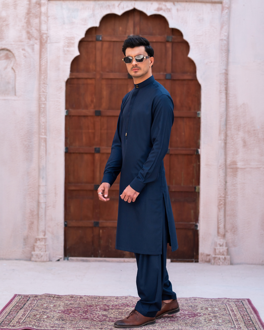 Aegean Blue Velvet Patch & Anchor Stitch Suit (Stitched) Shalwar Kameez