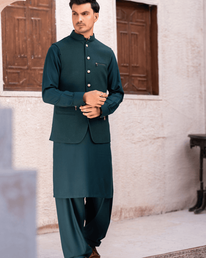 Contemporary Green Designer Waistcoat – Metallic Zip Pocket & Stud Details