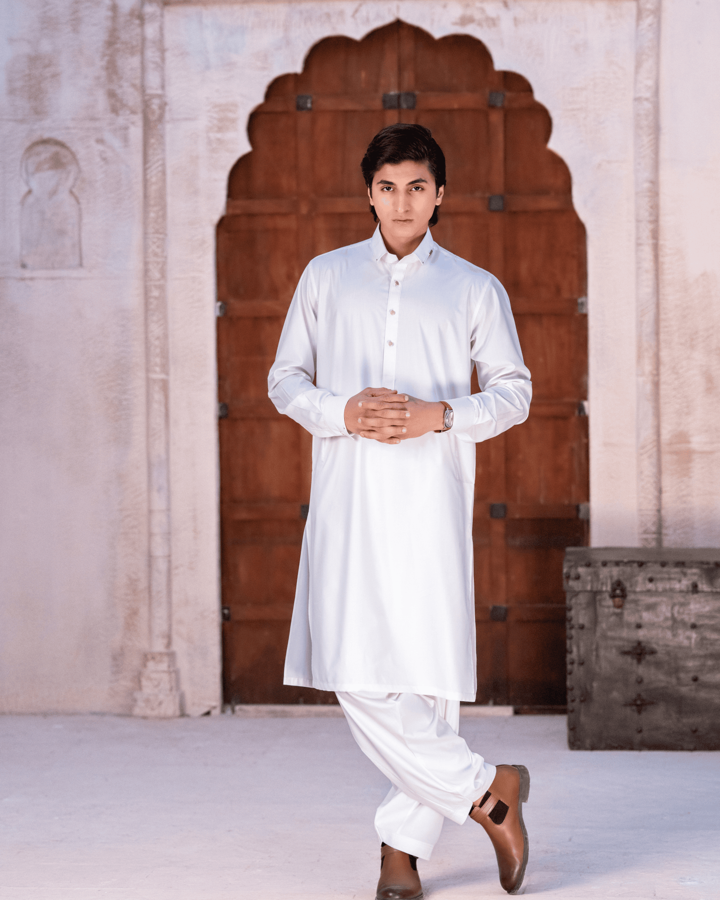 Off-White Striped Designer Suit – Metal Studs & Anchor Stitch Detail (Stitched) Shalwar Kameez