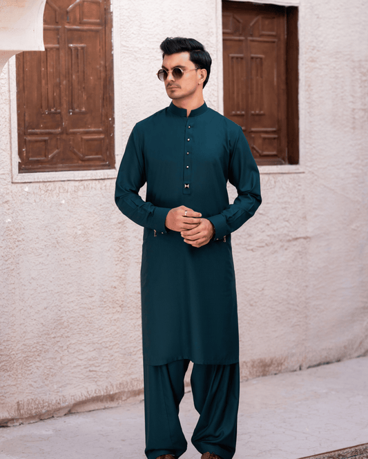 Castleton Green Velvet & Metal Zip Suit – Designer Buckle Detail (Stitched)