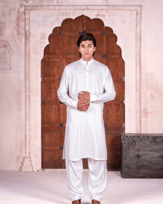 Off-White Oxford Textured Suit – Metallic L-Corner & Button Detail (Stitched)