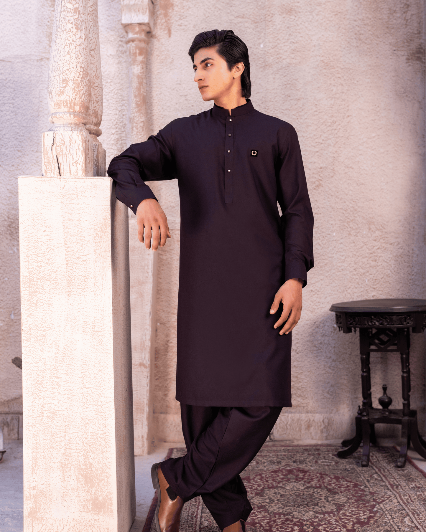 Maroon Royal Crown Suit – Velvet Piping & Patchwork (Stitched)