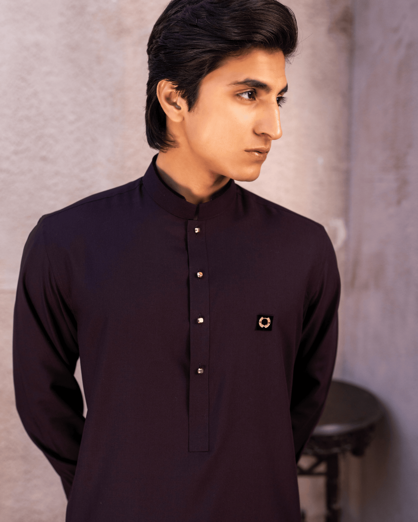 Maroon Royal Crown Suit – Velvet Piping & Patchwork (Stitched)