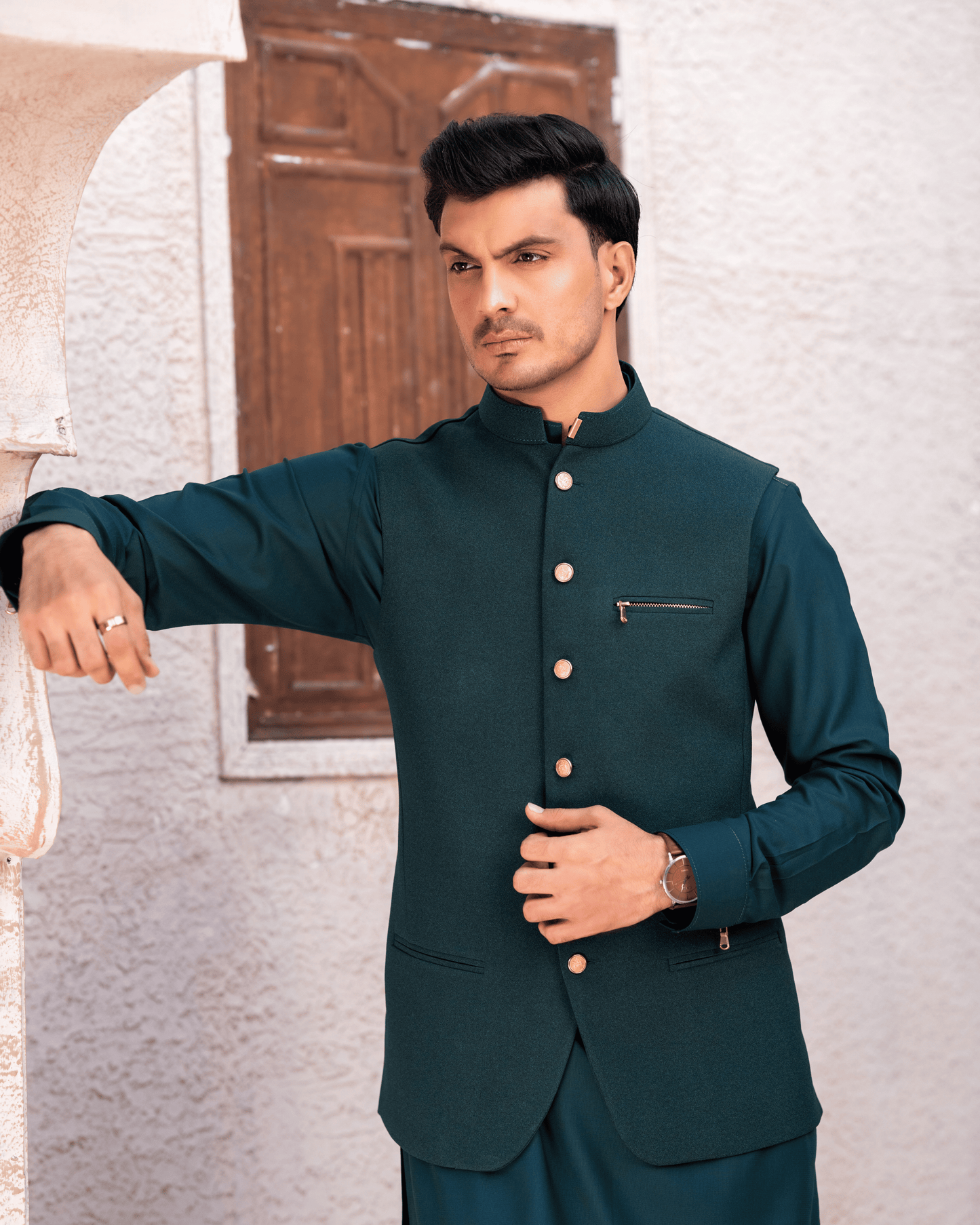 Contemporary Green Designer Waistcoat – Metallic Zip Pocket & Stud Details