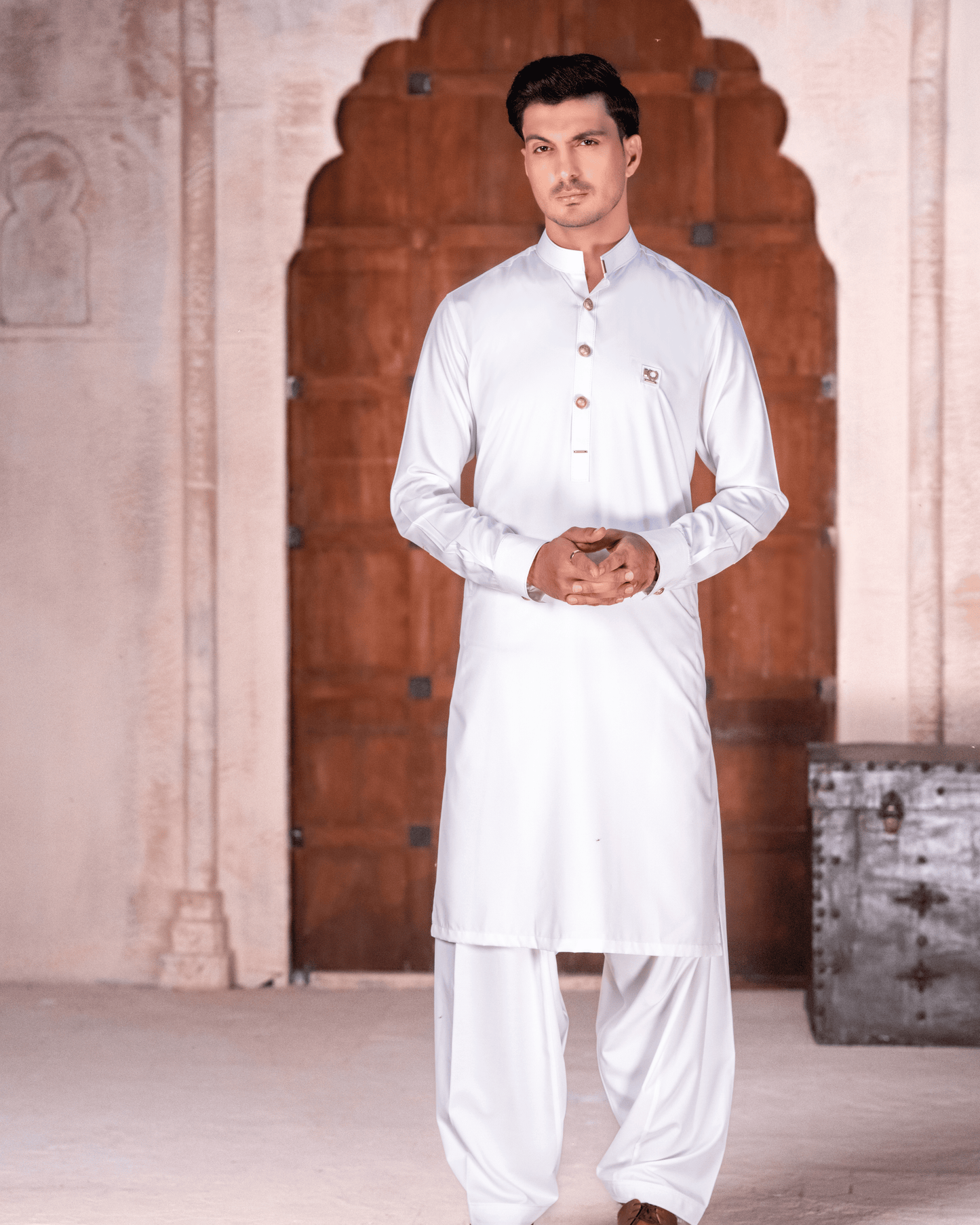Off-White Premium Boski Suit – Studded Patchwork & Metal Button Detail (Stitched) Shalwar Kameez