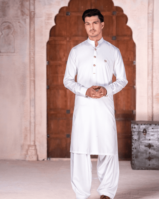 Off-White Premium Boski Suit – Studded Patchwork & Metal Button Detail (Stitched) Shalwar Kameez