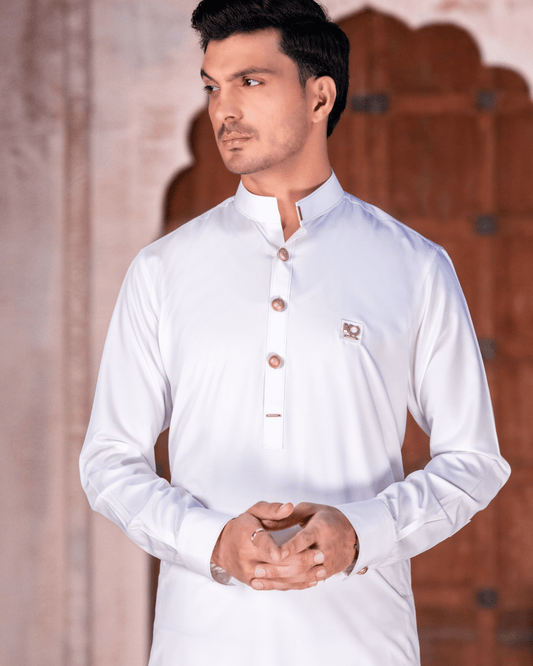 Off-White Premium Boski Suit – Studded Patchwork & Metal Button Detail (Stitched) Shalwar Kameez