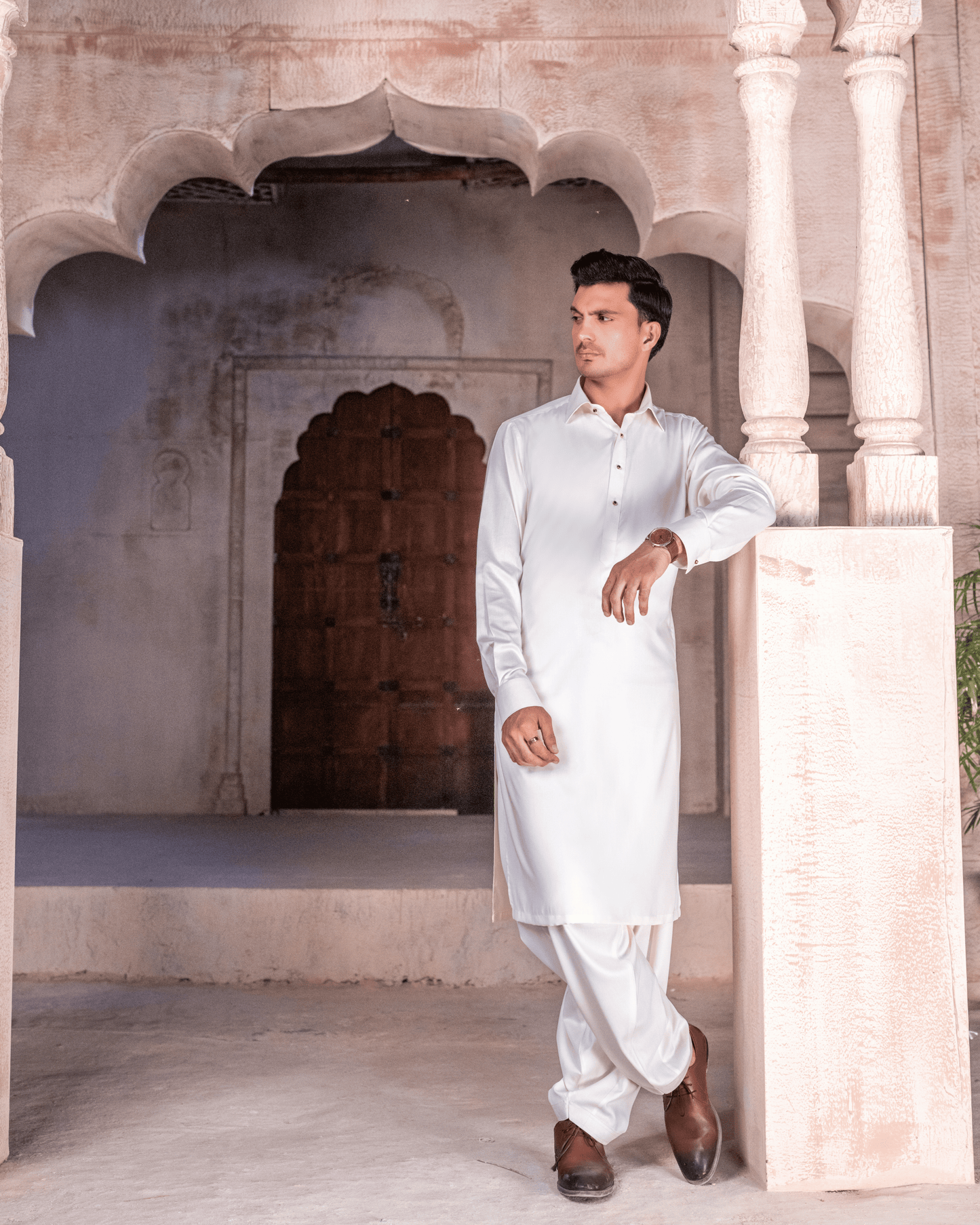 Cream Oxford Textured Suit – Shirt Collar & Metal Button Detail (Stitched)