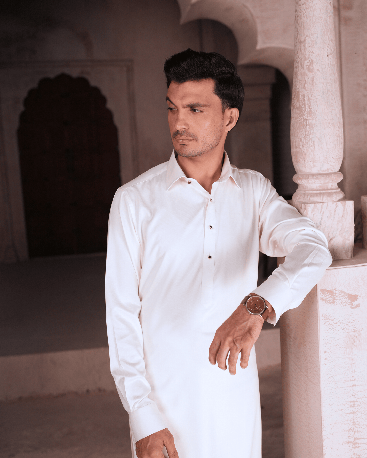 Cream Oxford Textured Suit – Shirt Collar & Metal Button Detail (Stitched)