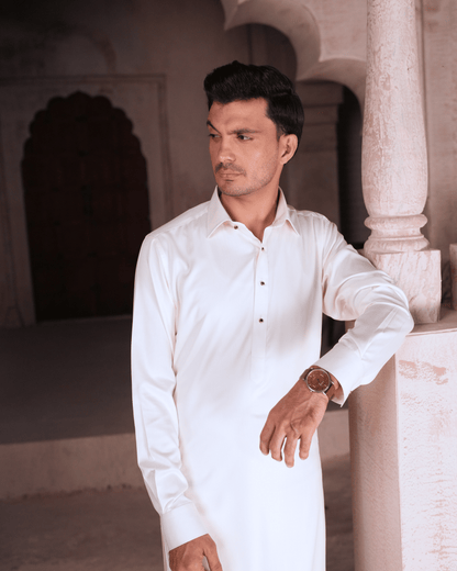 Cream Oxford Textured Suit – Shirt Collar & Metal Button Detail (Stitched)