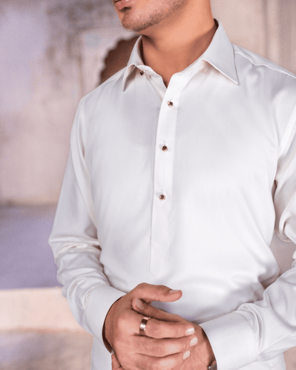 Cream Oxford Textured Suit – Shirt Collar & Metal Button Detail (Stitched)