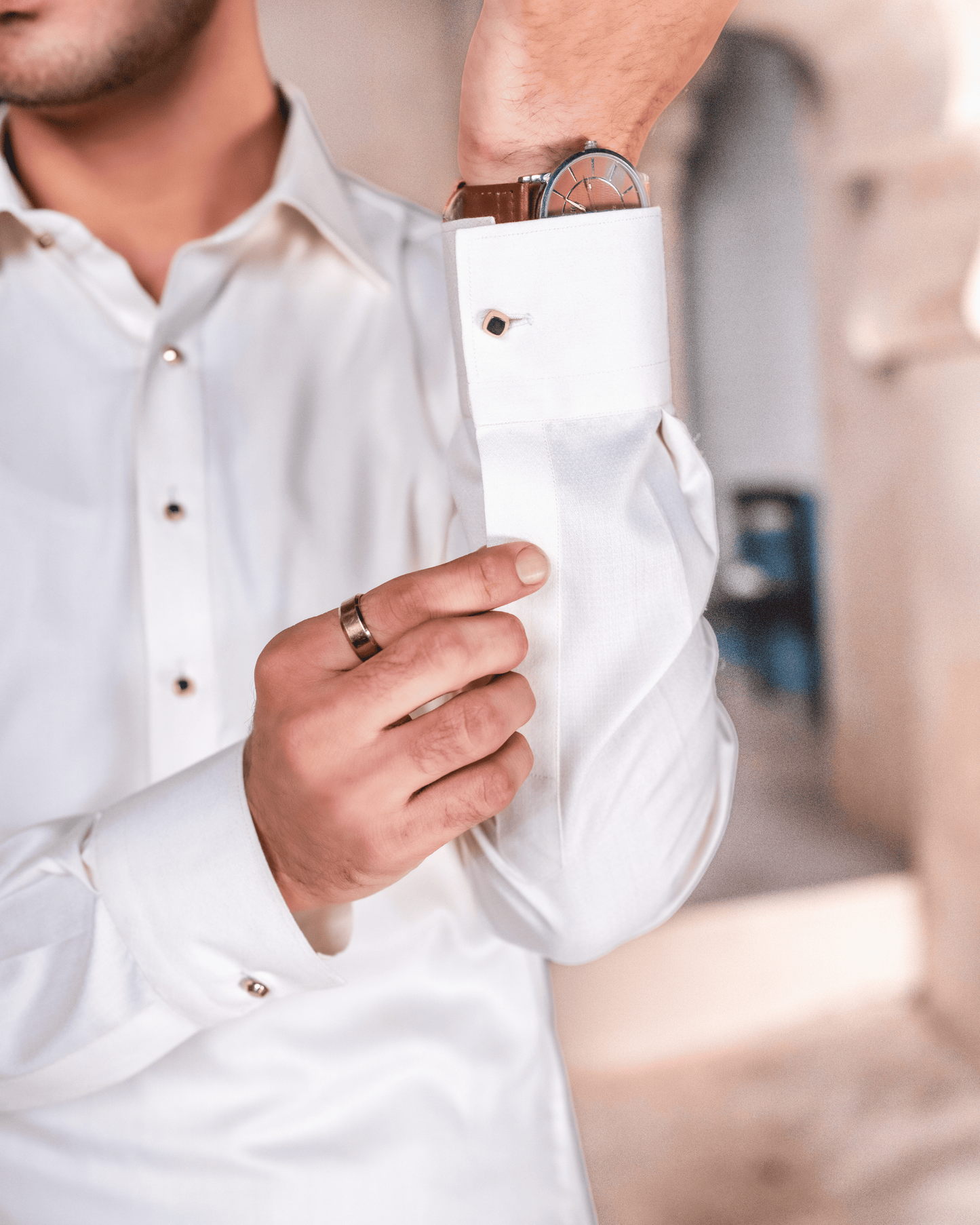 Cream Oxford Textured Suit – Shirt Collar & Metal Button Detail (Stitched)