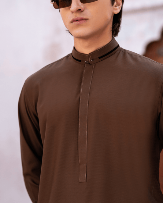 Cafe Noir Brown Designer Suit – Black Velvet Piping & Anchor Stitch (Stitched) Shalwar Kameez