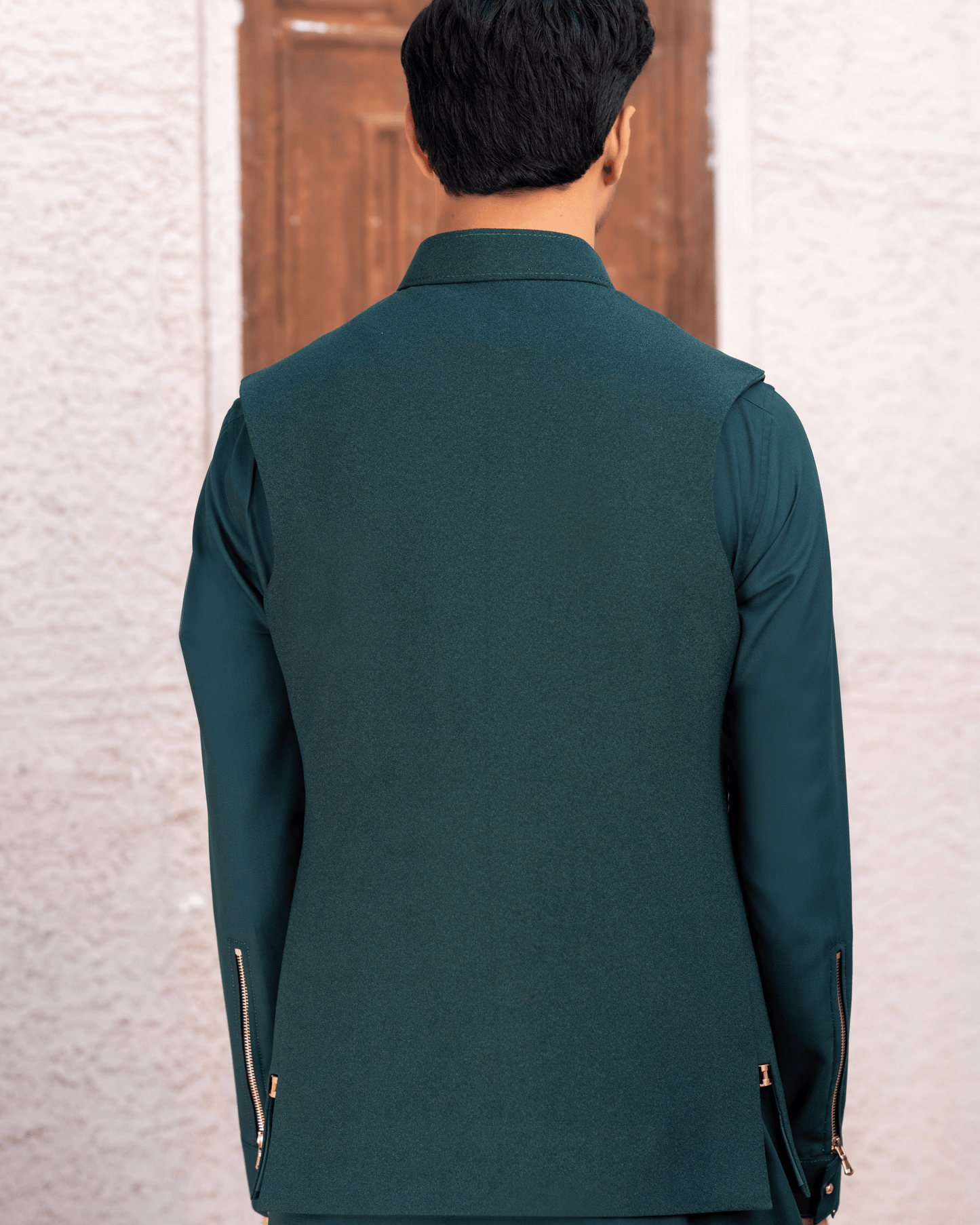 Contemporary Green Designer Waistcoat – Metallic Zip Pocket & Stud Details