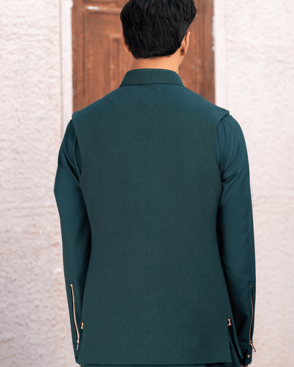 Contemporary Green Designer Waistcoat – Metallic Zip Pocket & Stud Details