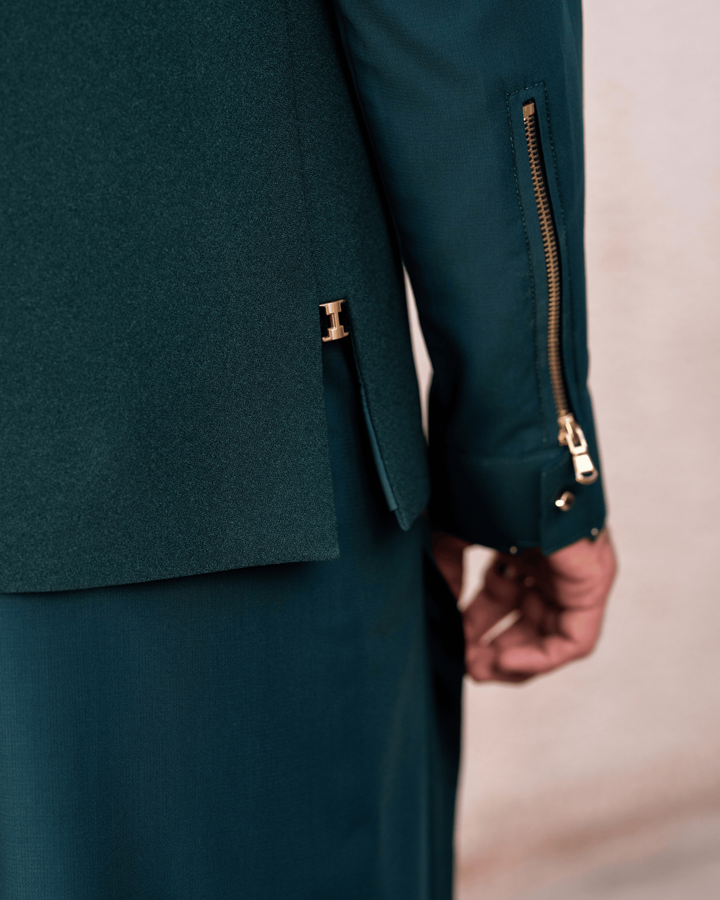 Contemporary Green Designer Waistcoat – Metallic Zip Pocket & Stud Details