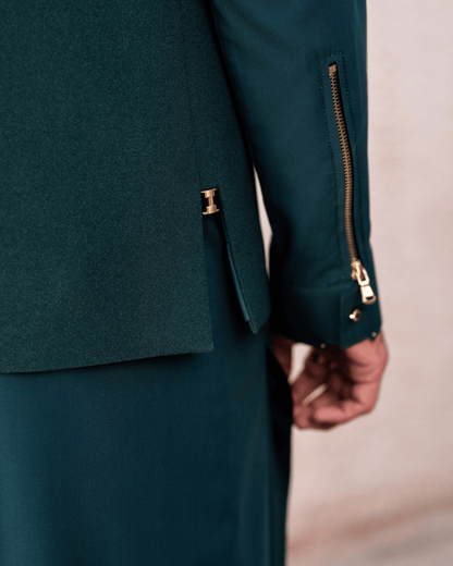 Contemporary Green Designer Waistcoat – Metallic Zip Pocket & Stud Details