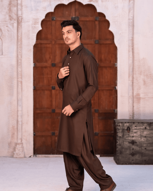 Chocolate Brown Studded Suit – Shirt Collar & Metal Hardware Detail (Stitched) Shalwar Kameez