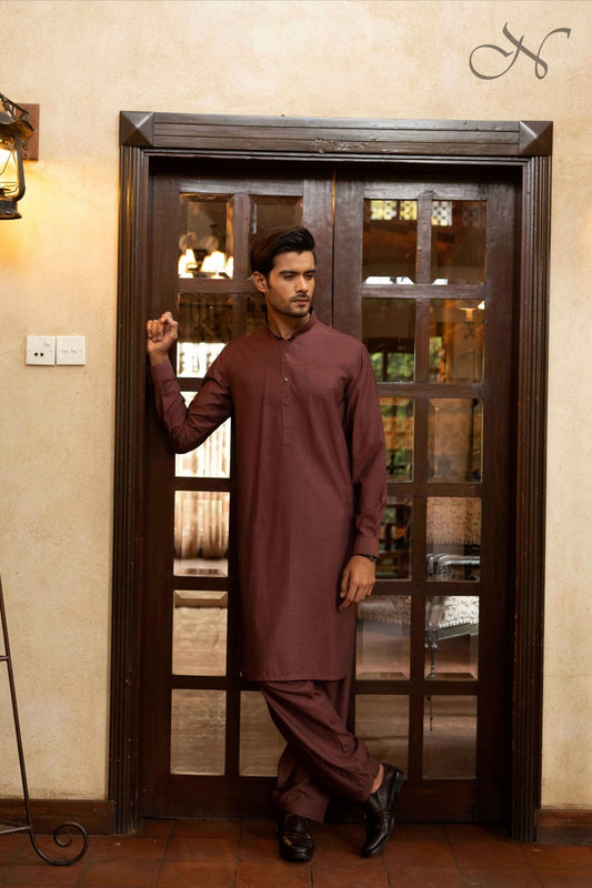 Burgundy Textured Kameez Shalwar