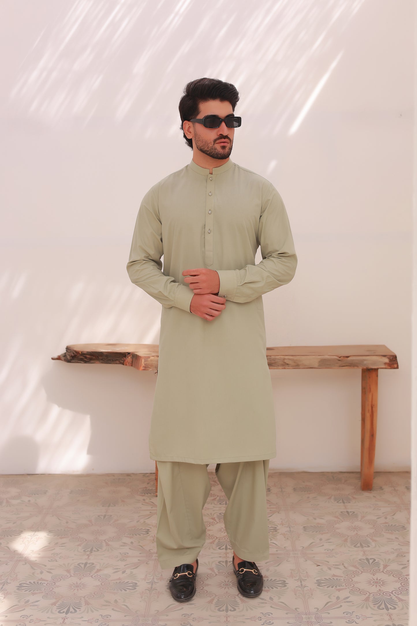 Beige Stitched Shalwar Kameez – Sherwani Collar with Metal Buttons