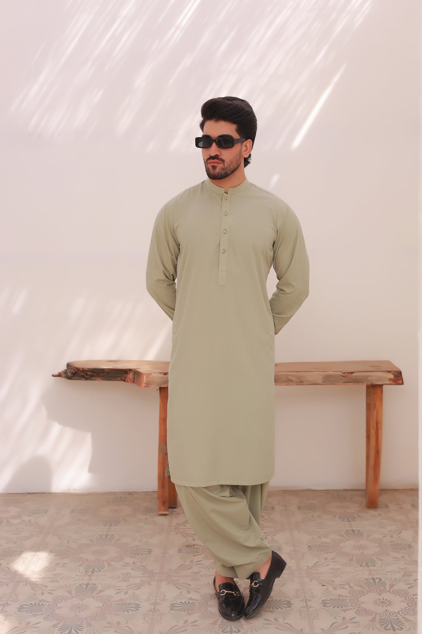 Beige Stitched Shalwar Kameez – Sherwani Collar with Metal Buttons