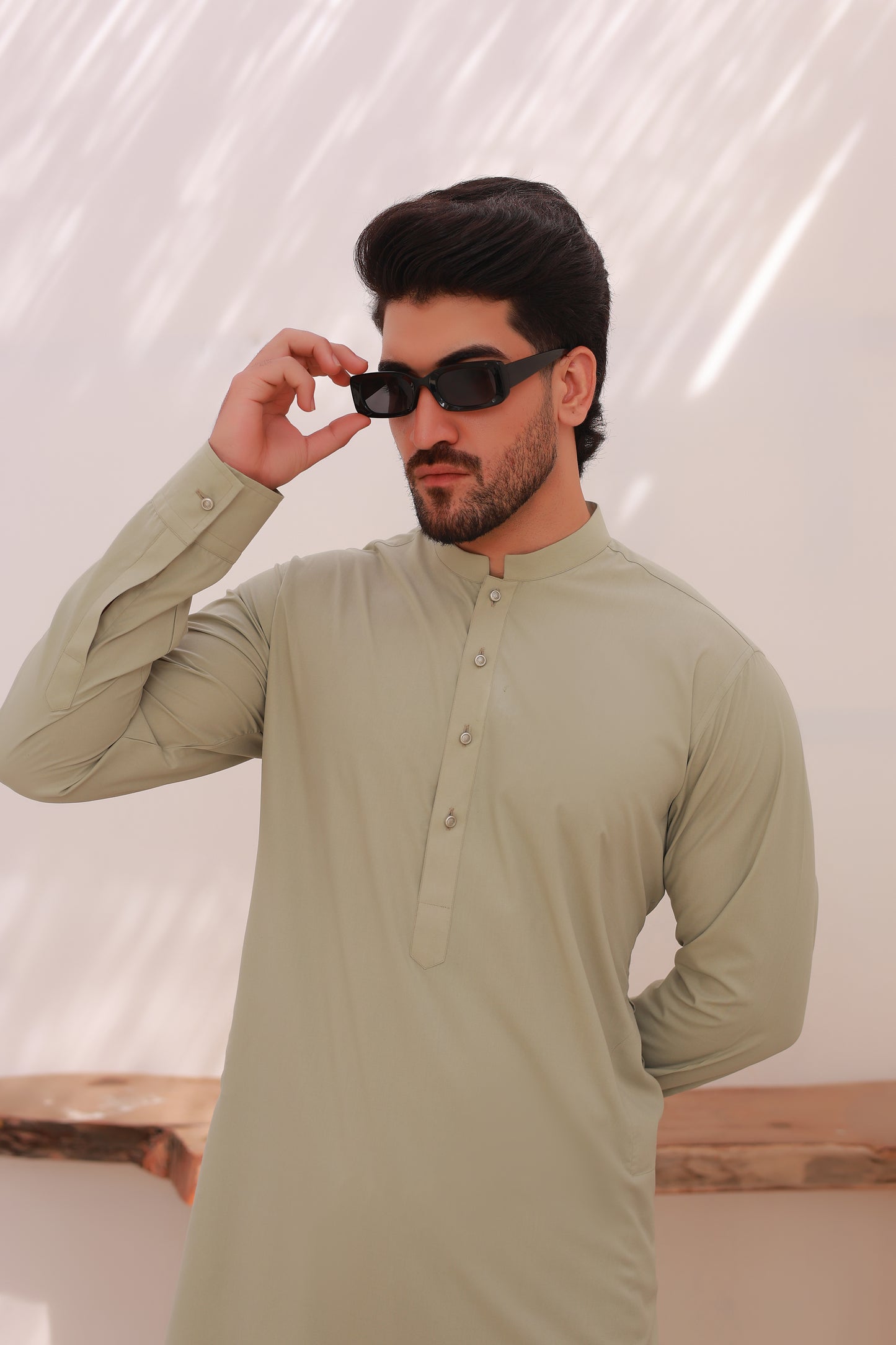 Beige Stitched Shalwar Kameez – Sherwani Collar with Metal Buttons