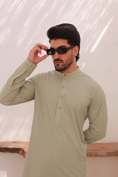Beige Stitched Shalwar Kameez – Sherwani Collar with Metal Buttons
