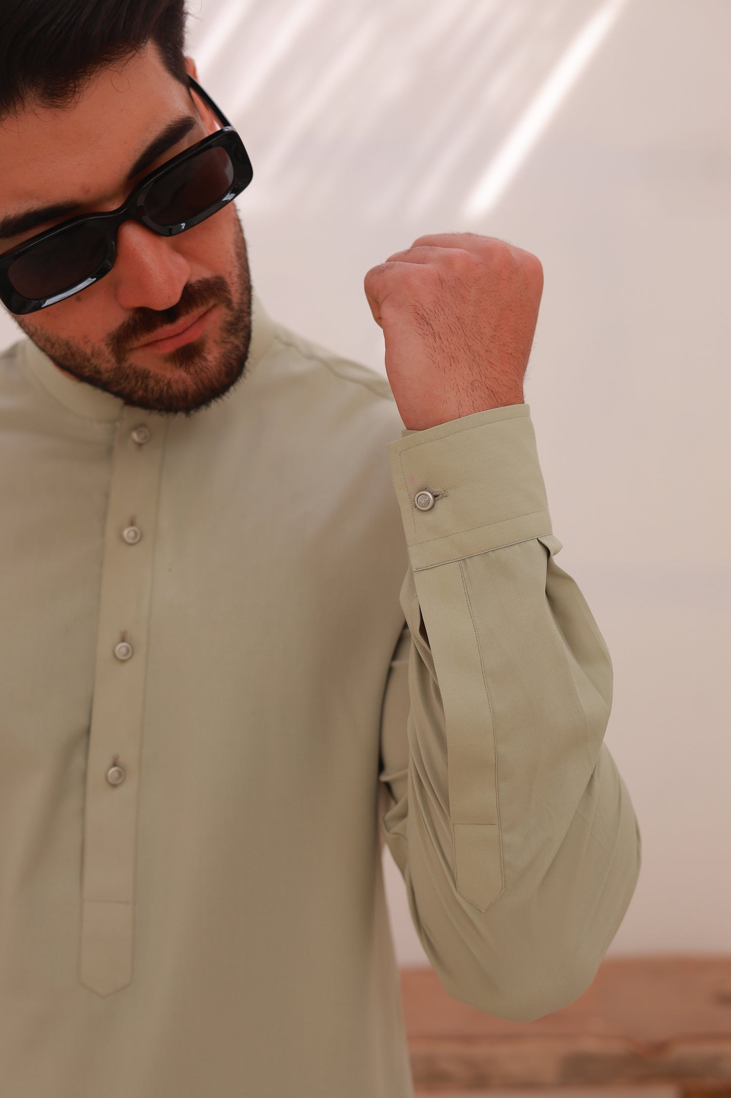 Beige Stitched Shalwar Kameez – Sherwani Collar with Metal Buttons