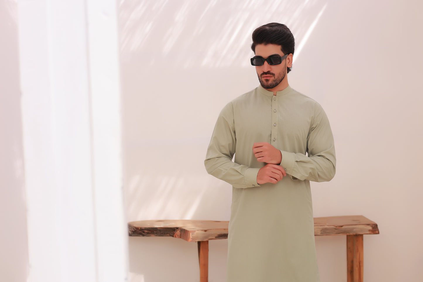 Beige Stitched Shalwar Kameez – Sherwani Collar with Metal Buttons