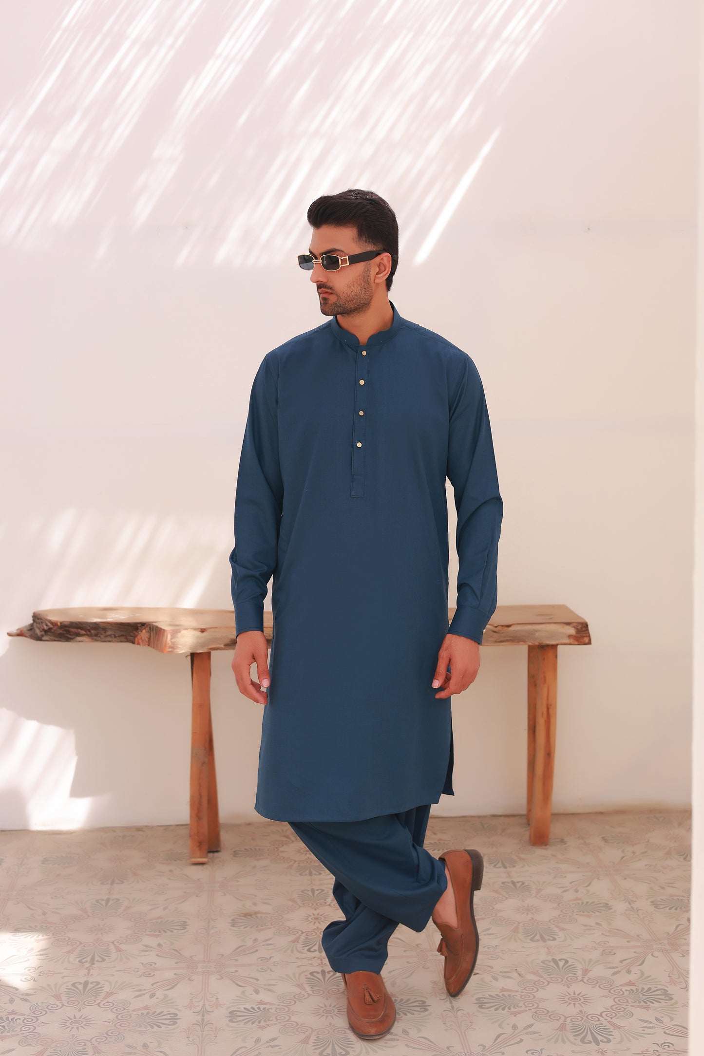 Blue Self-Textured Stitched Kameez Shalwar