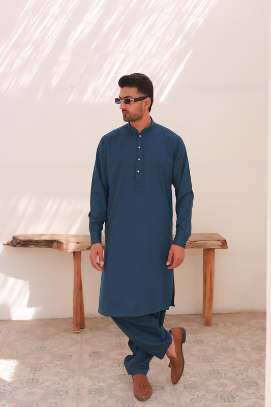 Blue Self-Textured Stitched Kameez Shalwar