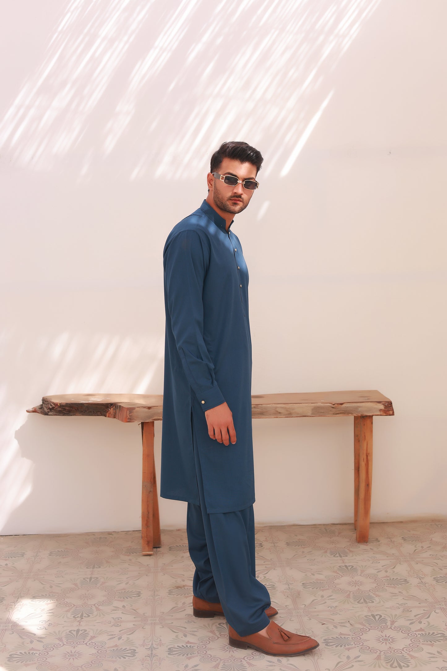 Blue Self-Textured Stitched Kameez Shalwar