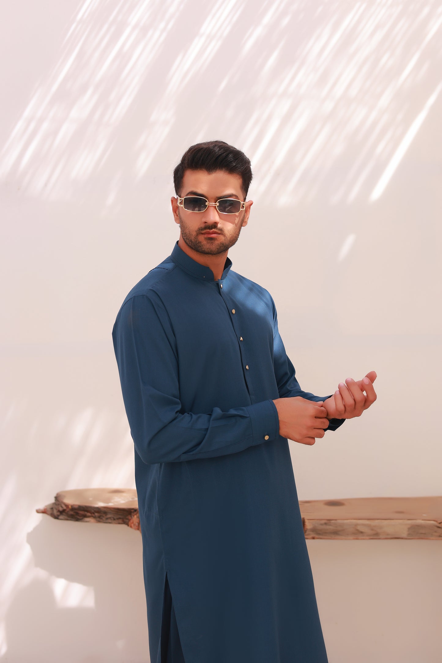 Blue Self-Textured Stitched Kameez Shalwar