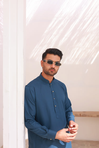 Blue Self-Textured Stitched Kameez Shalwar