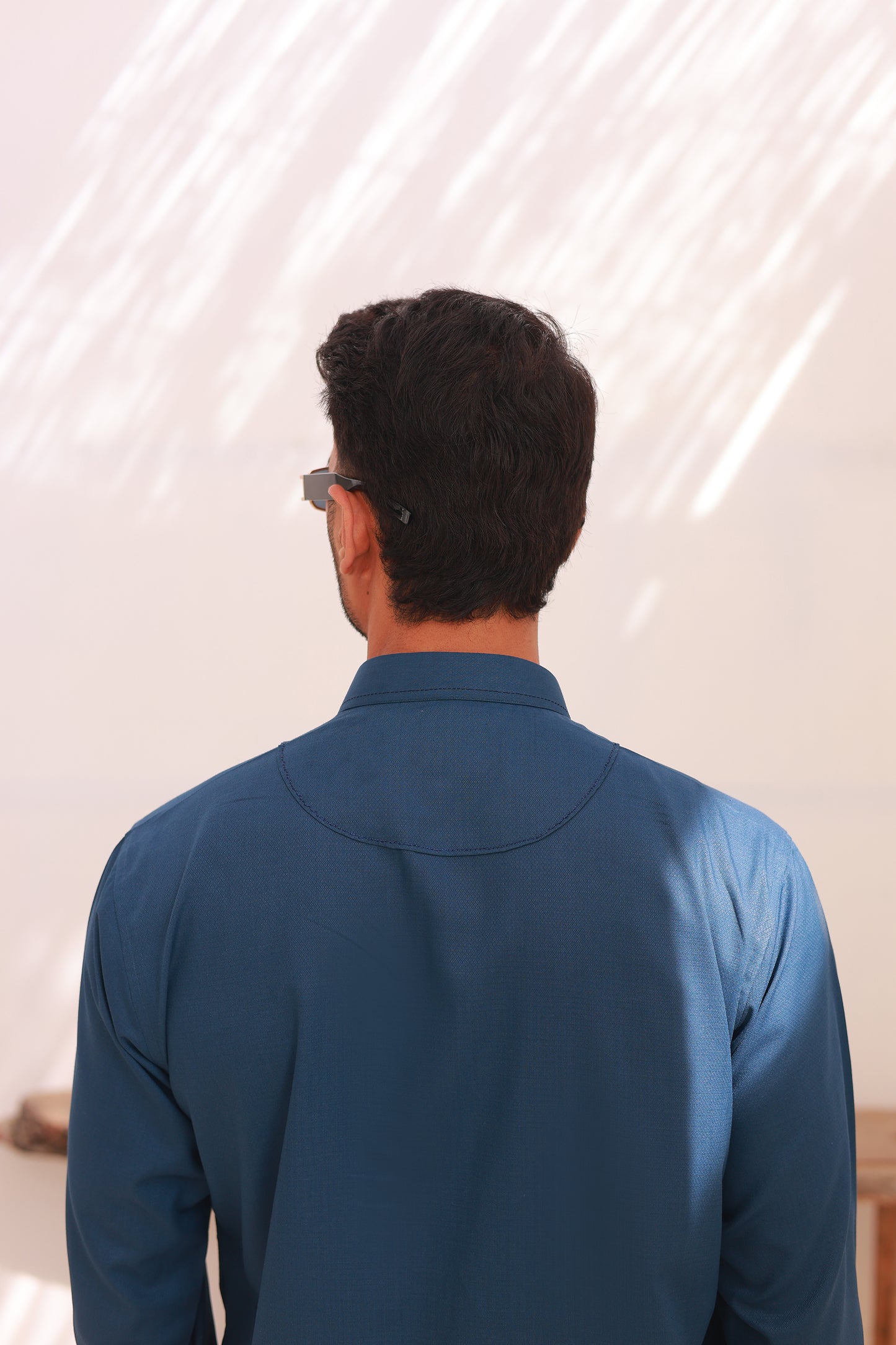 Blue Self-Textured Stitched Kameez Shalwar