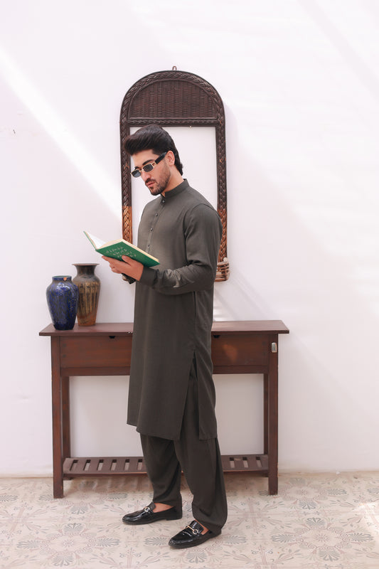 Army Green Linen Designer Kameez Shalwar