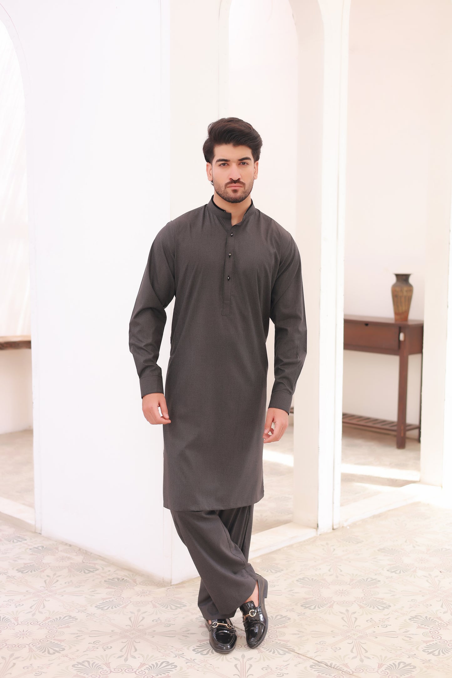 Gray Self-Textured Stitched Kameez Shalwar