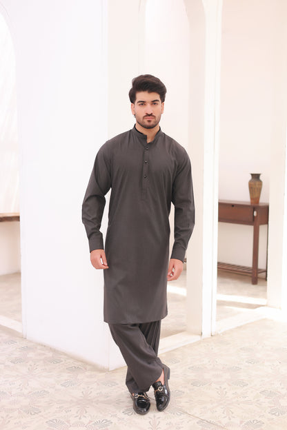 Gray Self-Textured Stitched Kameez Shalwar