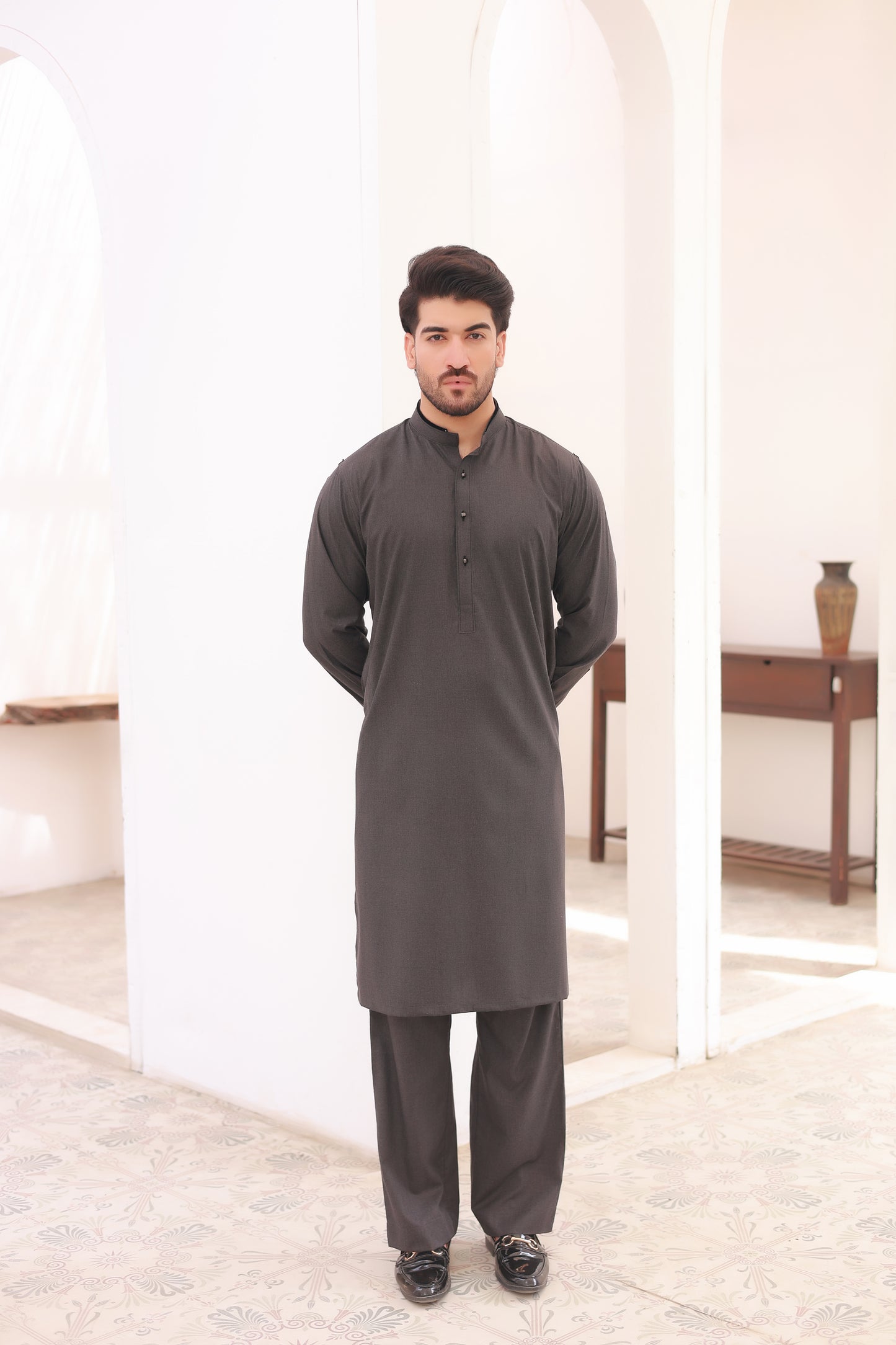 Gray Self-Textured Stitched Kameez Shalwar