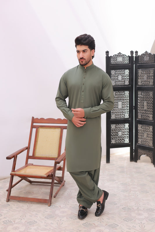 Olive Green Wash n Wear Kameez Shalwar