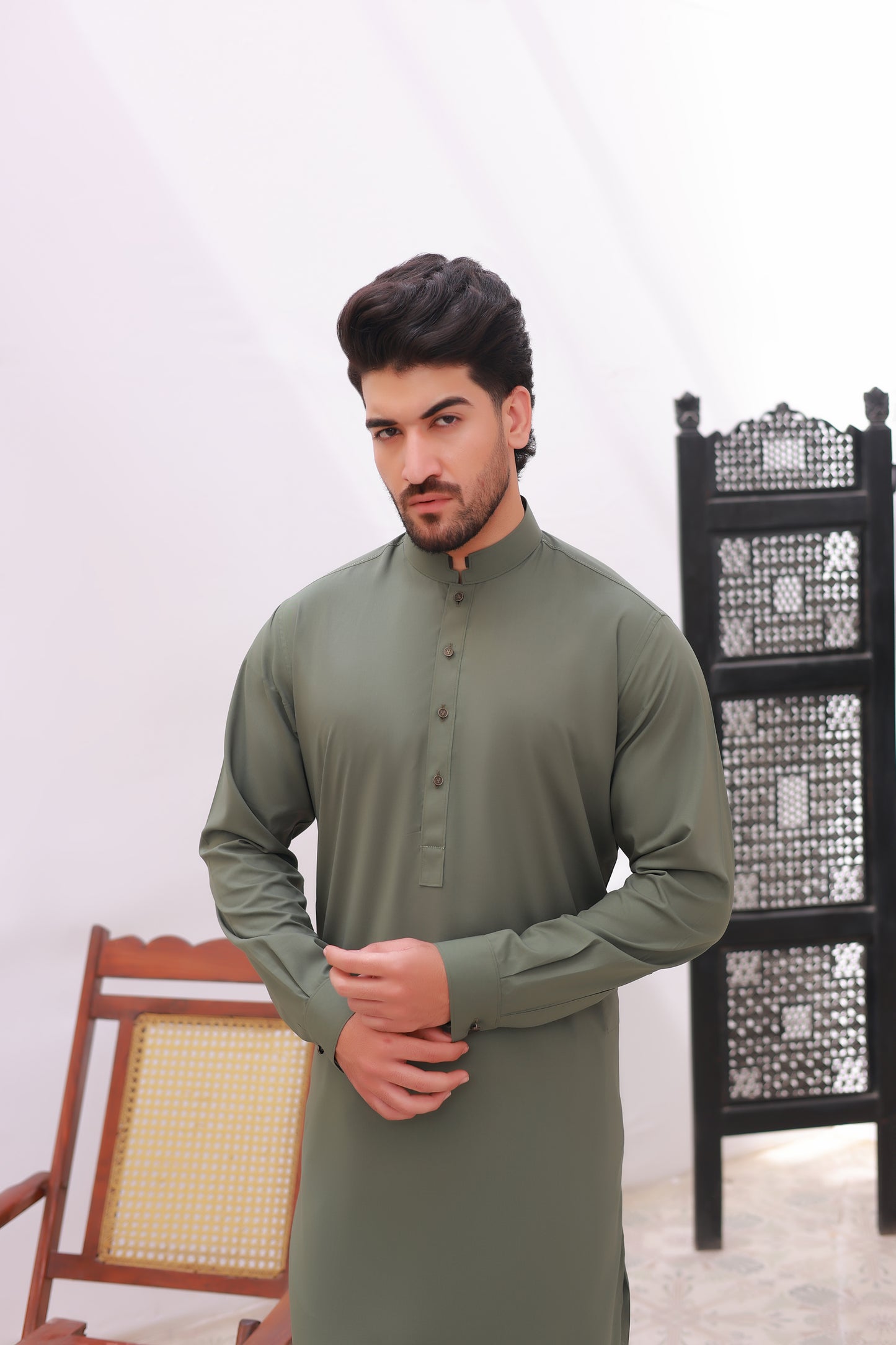 Olive Green Wash n Wear Kameez Shalwar