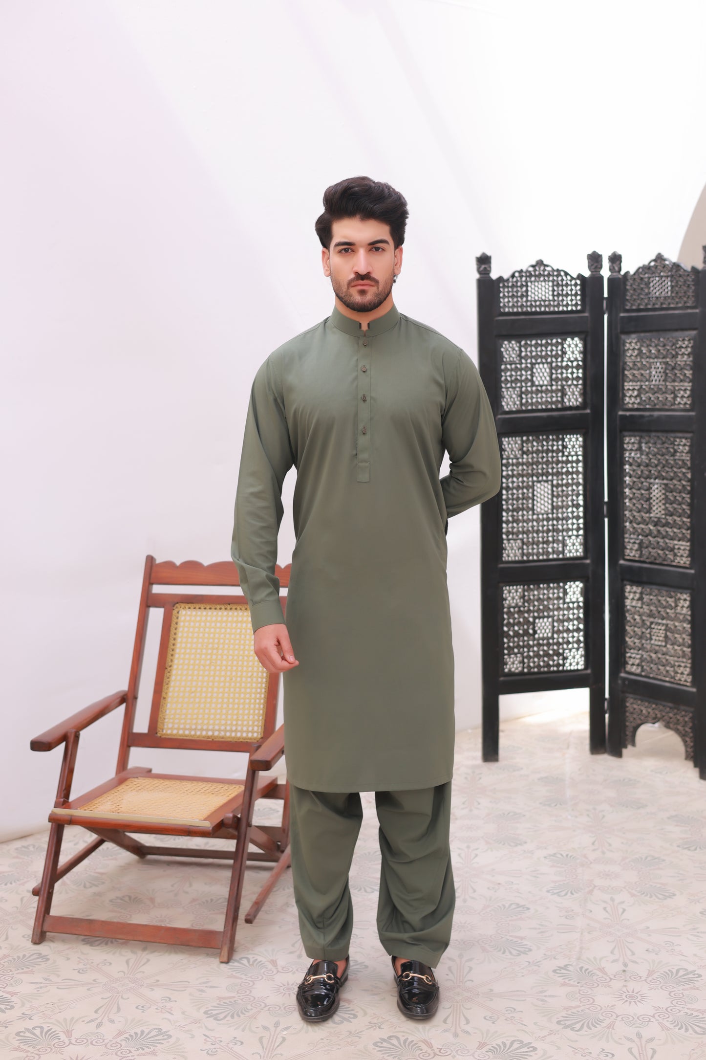 Olive Green Wash n Wear Kameez Shalwar