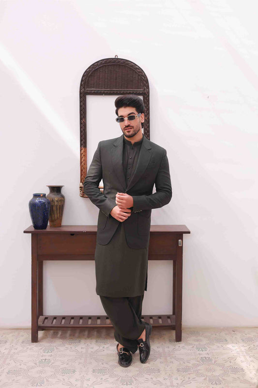 Army Green Studded Blazer with Hand-Stitch Detailing