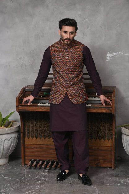 Burgundy Printed Waistcoat